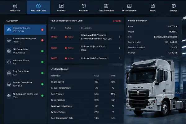 Professional OBD diagnostic scanner connected to Howo truck ECU